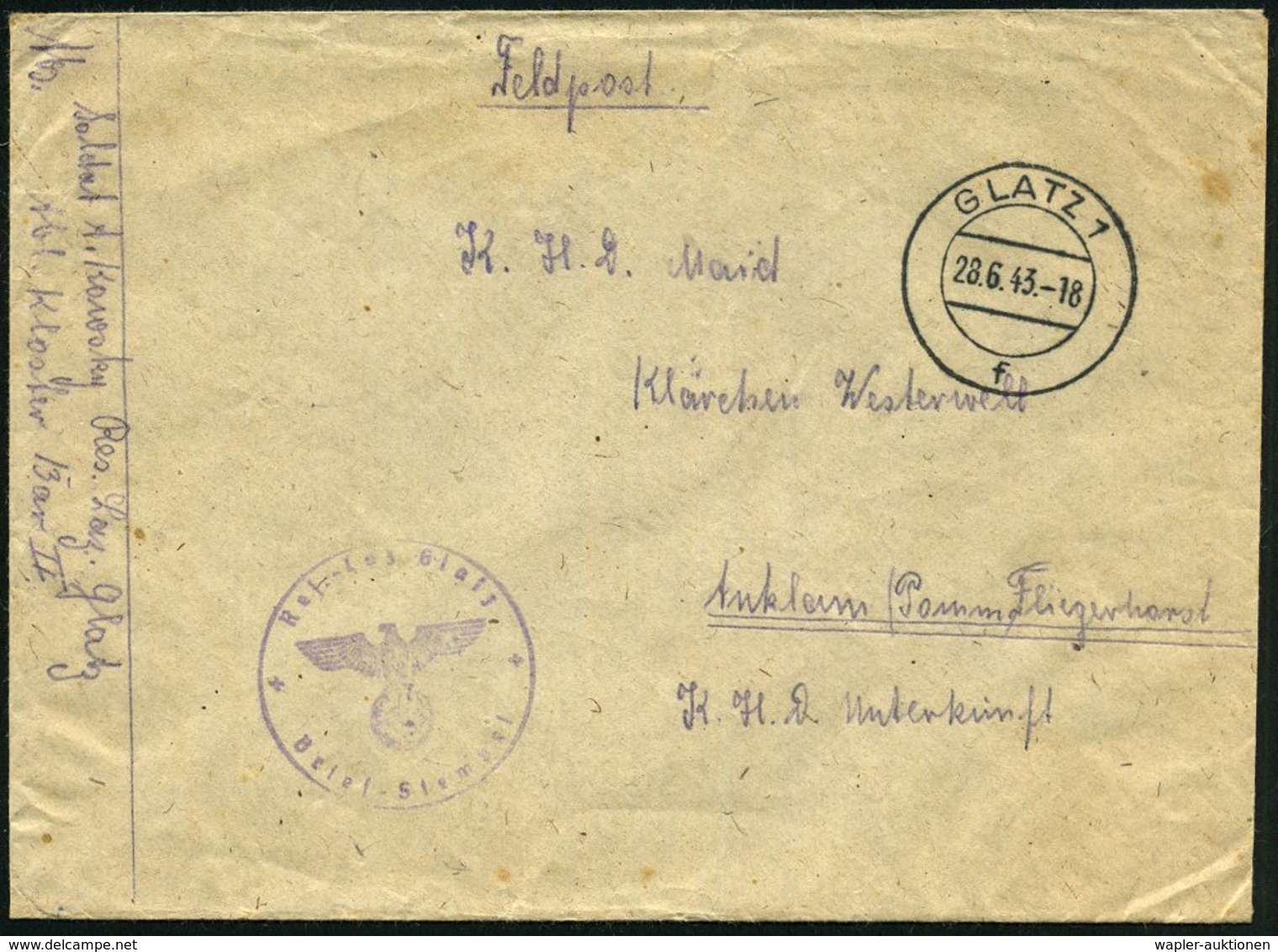 1943 (28.6.) GLATZ 1, 2K-Steg + Briefstempel: Res.-Laz.(arett) Glatz + Hs. Abs.: "..Kloster Bar II", Feldpostbrief N. An - Other & Unclassified