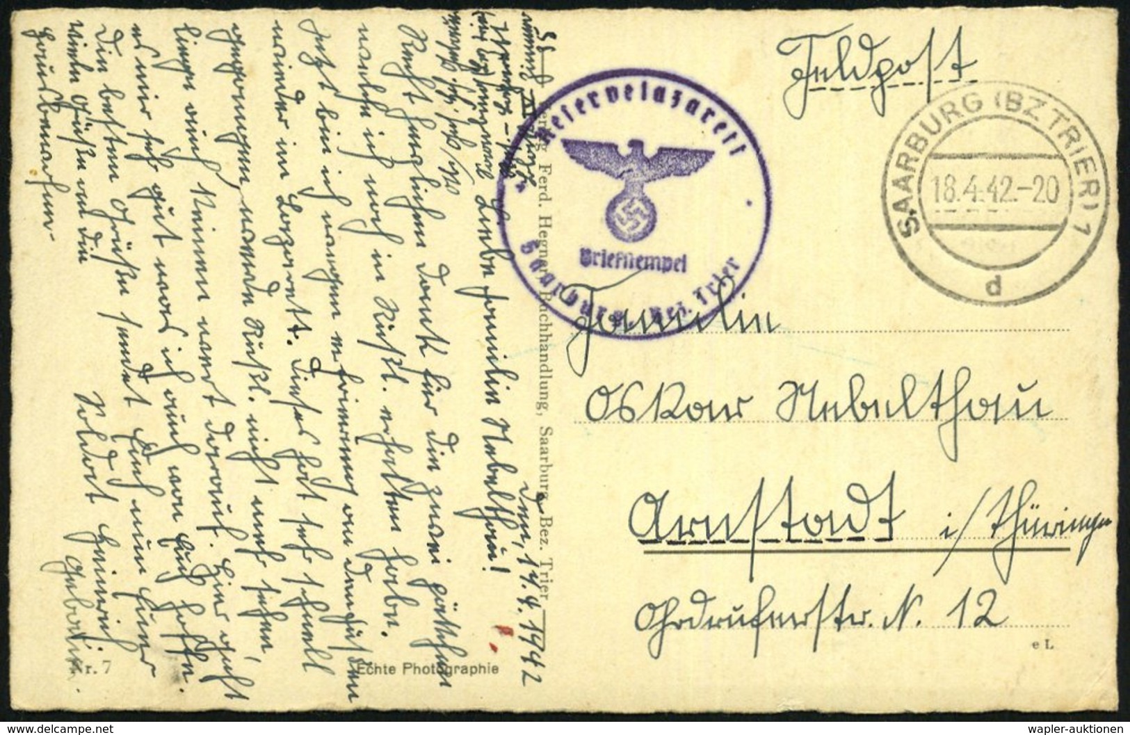 1942 (18.4.) SAARBURG (BZ TRIER) 1, 2K-Steg + Briefstempel: Reservelazarett Saarburg Bez. Trier, S/ W.-Foto-Ak.: Leuk-Wa - Other & Unclassified