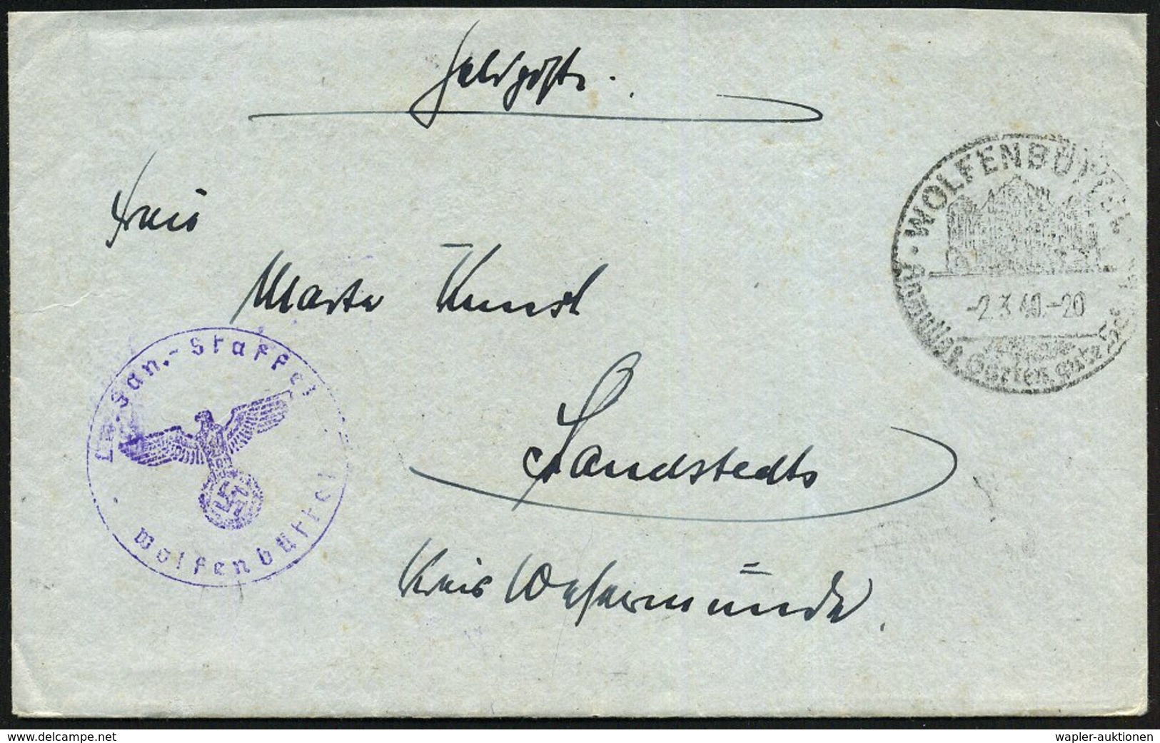 1940 (2.3.) WOLFENBÜTTEL, Handwerbestempel + Viol. Briefstempel: L(uft)w(affen).-San.(itäts)-Staffel Wolfenbüttel, Feldp - Andere & Zonder Classificatie