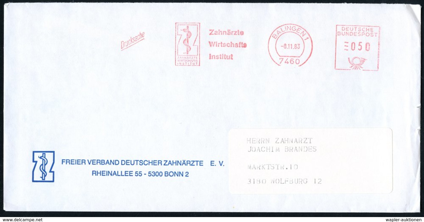 1983 (8.11.) 7460 BALINGEN 1, Absender-Freistempel: Zahnärzte Wirtschafts Institut (Aesculap-Stab Mit Schlange) Motivgle - Other & Unclassified