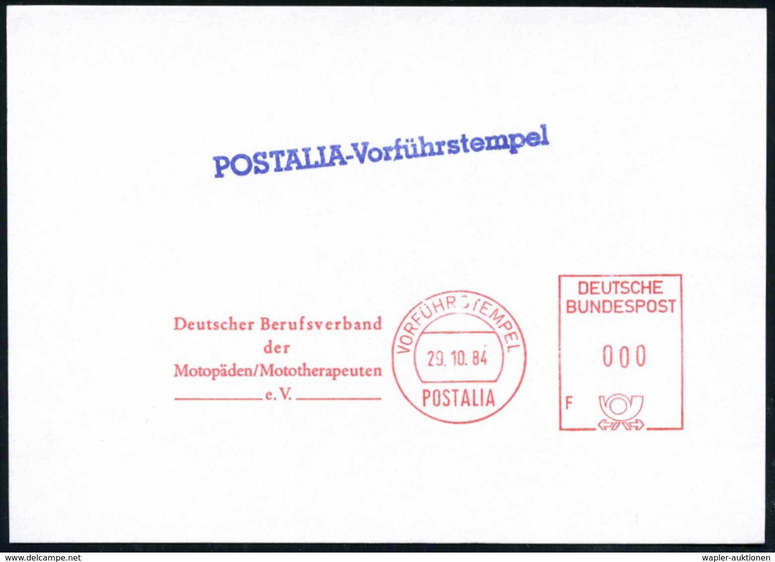 1984 (29.10.) Dortmund, Absender-Freistempel: VORFÜHRSTEMPEL POSTALIA, Deutscher Berufsverband Der Motopäden-Mototherape - Other & Unclassified