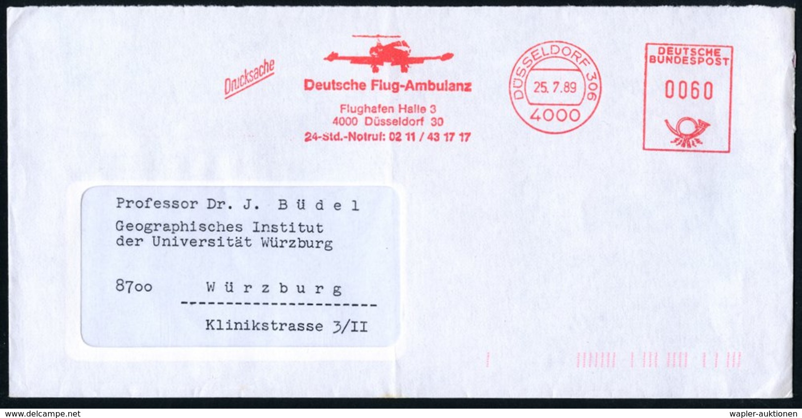 1989 (25.7.) 4000 DÜSSELDORF 306, Absender-Freistempel: Deutsche Flug-Ambulanz, Flughafen Halle 3... (Kurzstrecken-Jet)  - Autres & Non Classés