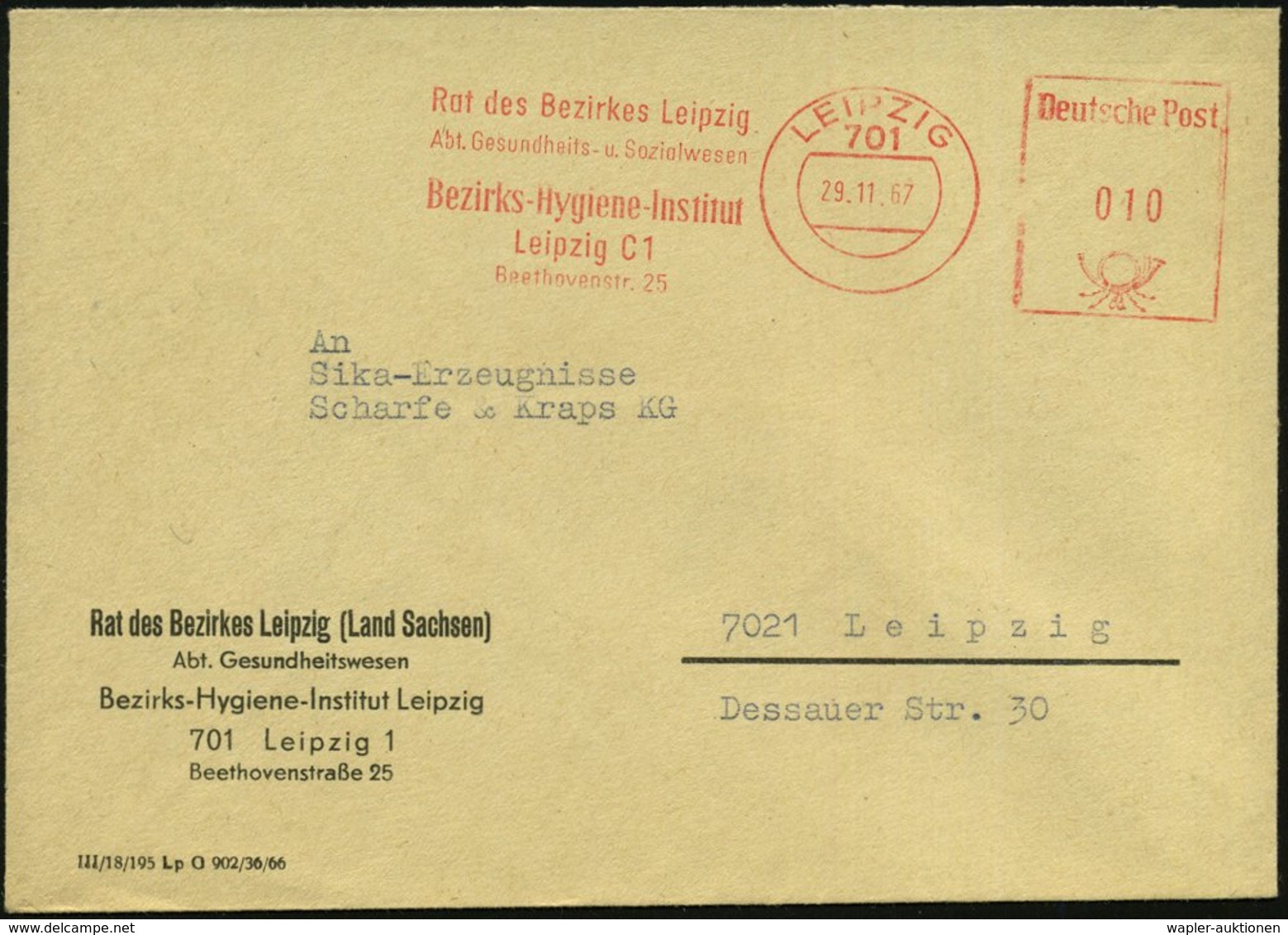 1967 (29.11.) 701 LEIPZIG, Absender-Freistempel: Rat Des Bezirkes Leipzig, Abt. Gesundheit.., Bezirks-Hygiene-Institut A - Other & Unclassified