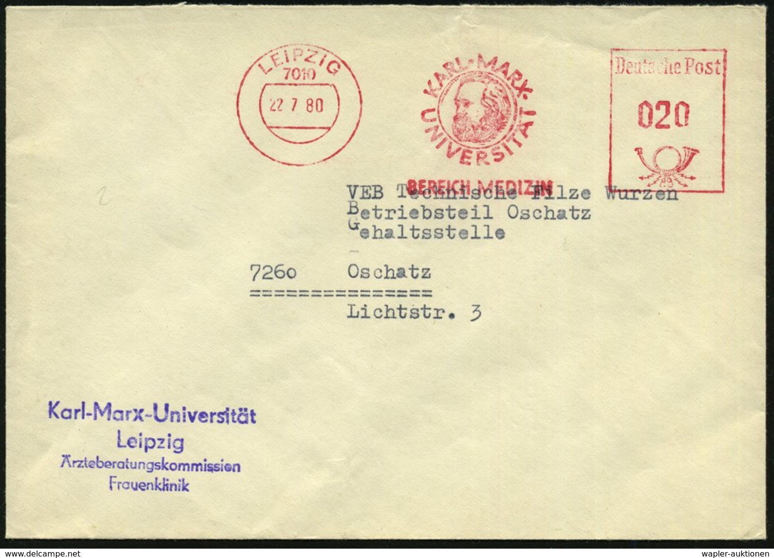 1980 (22.7.) 7010 LEIPZIG, Absender-Freistempel: KARL-MARX-UNIVERSITÄT, BEREICH MEDIZIN (Kopf Karl Marx) + Abssnederstem - Other & Unclassified