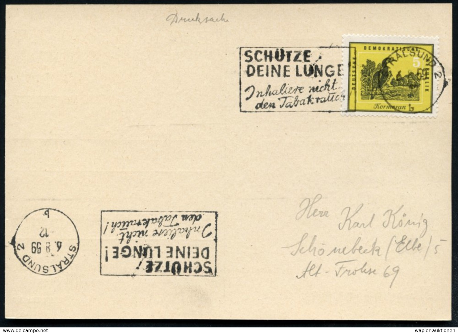 1959 (6.3.) STRALSUND 2, Seltener Maschinen-Werbestempel: SCHÜTZE DEINE LUNGE!, Jnhaliere Nicht Den Tabakrauch!, Inl.-Ka - Other & Unclassified