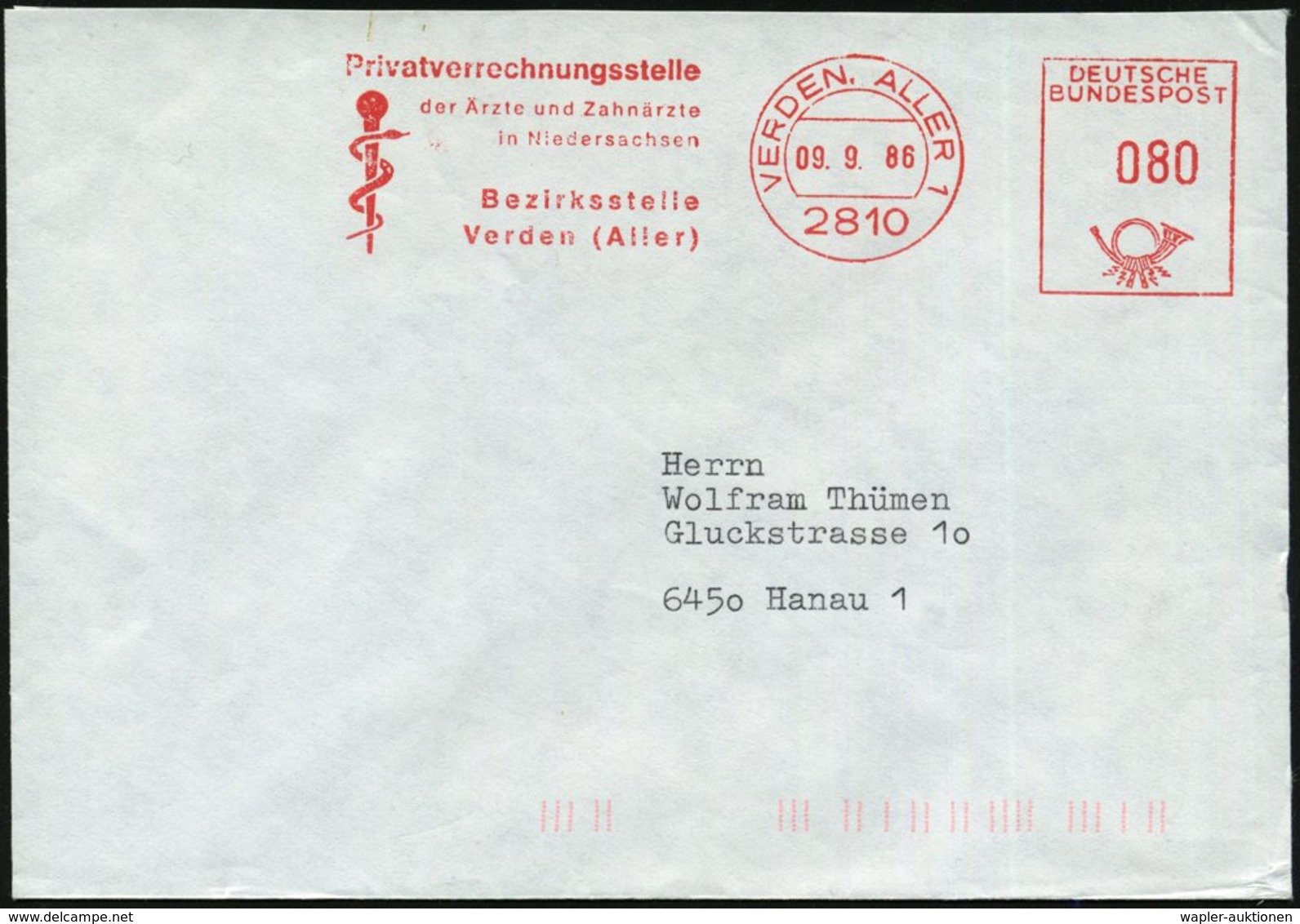 1986 (9.9.) 2810 VERDEN, ALLER 1, Absender-Freistempel: Privatverrechnungsstelle Der Ärzte U. Zahnärzte In Niedersachsen - Other & Unclassified