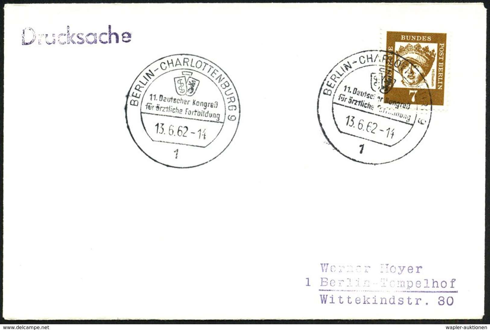 1962 (13.6.) 1 BERLIN-CHARLOTTENBURG 9, Sonderstempel: 11. Deutscher Kongreß Für ärztliche Fortbildung, Ortsbrief (Bo.11 - Other & Unclassified