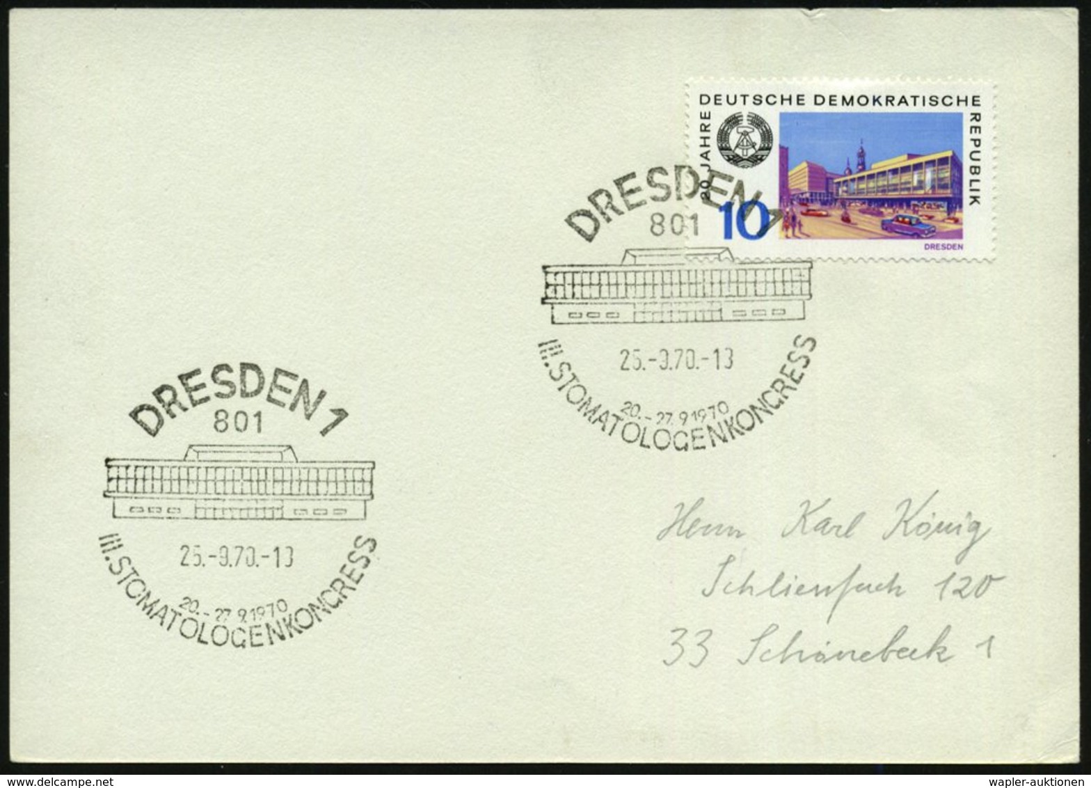 1970 (25.9.) 801 DRESDEN 1, Sonderstempel: III. STOMATOLOGENKONGRESS (Kulturpalast ?) Ortsgleiche Frankatur 10 Pf. Kultu - Otros & Sin Clasificación