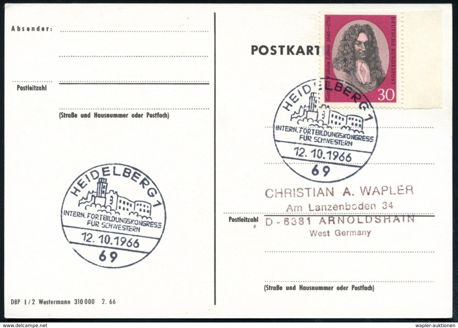 1966 (12.10.) 69 HEIDELBERG, Sonderstempel: INTERN. FORTBILDUNGSKONGRESS FÜR SCHWESTERN (Schloß) Inl.-Karte (Bo.57, I. V - Other & Unclassified