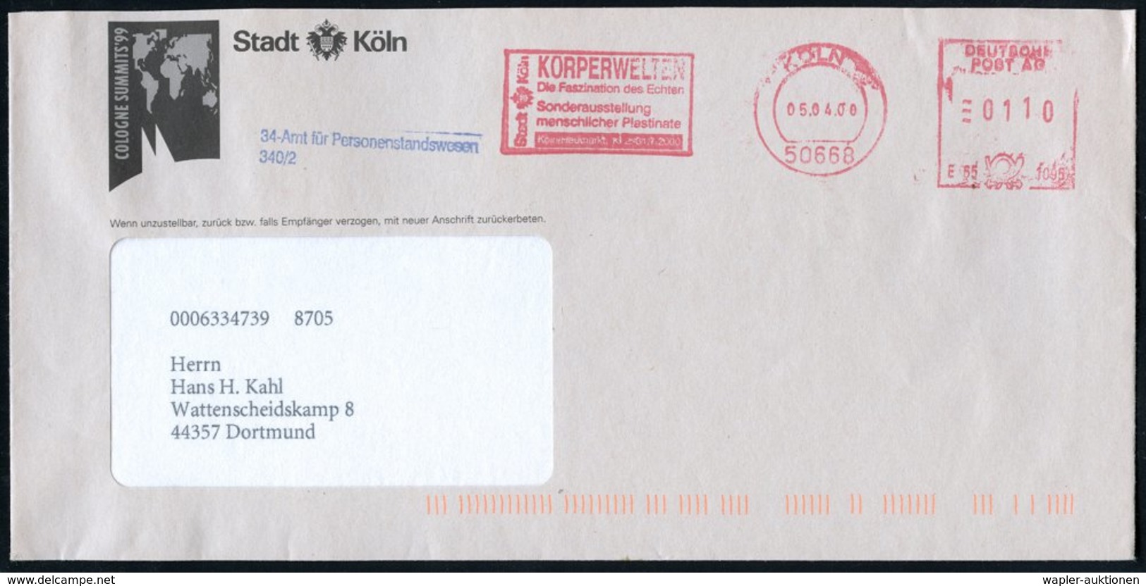 2000 (5.4.) 50668 KÖLN 1, Absender-Freistempel: KÖRPERWELTEN.. Sonderausstellung Menschlicher Plastinate, Kommunalbrief  - Other & Unclassified