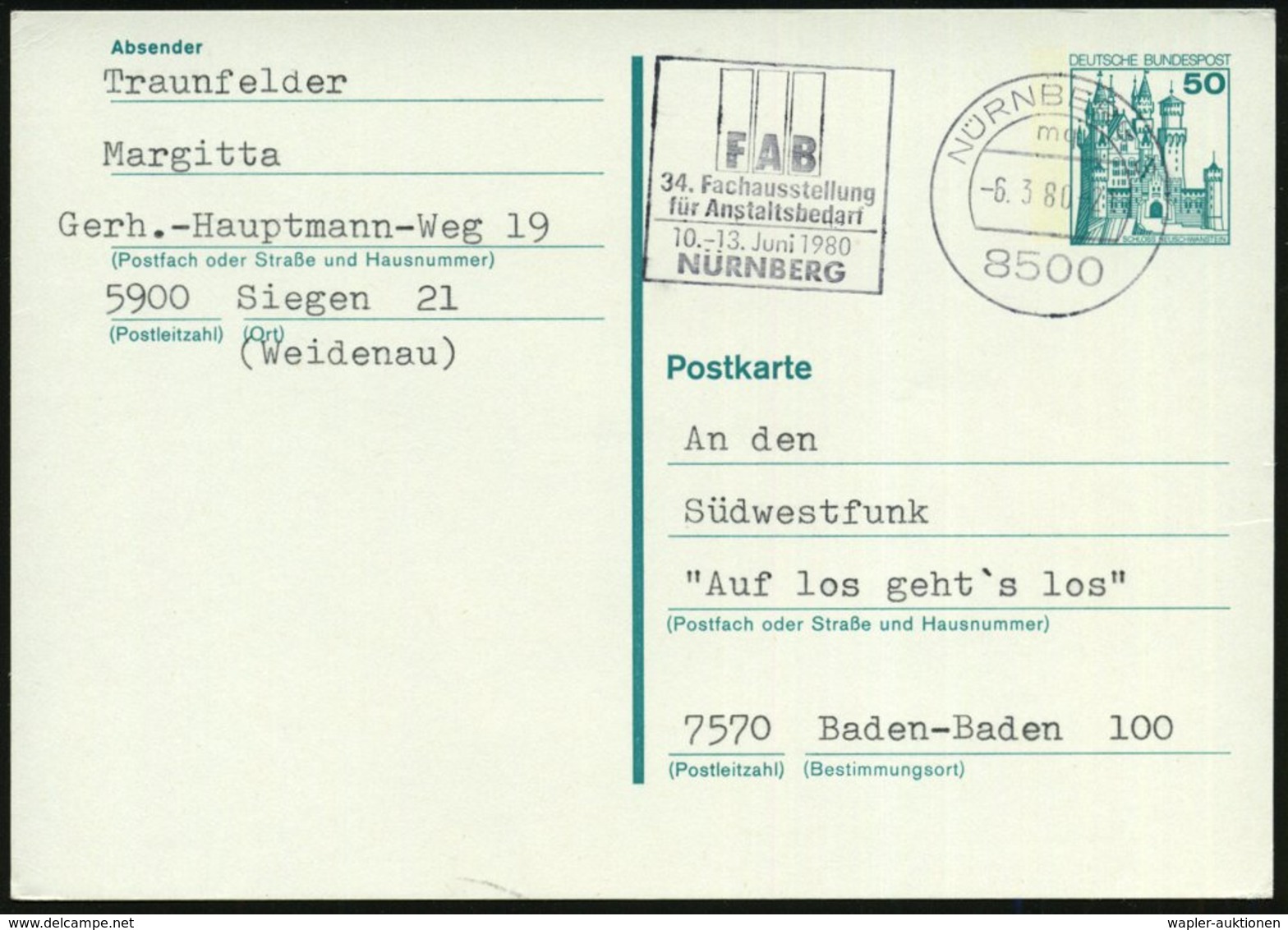 1980 (6.3.) 8500 NÜRNBERG 3, Maschinen-Werbestempel: FAB, 34. Fachausstellung Für Anstaltsbedarf, Bedarfskarte (Bo.320 A - Other & Unclassified