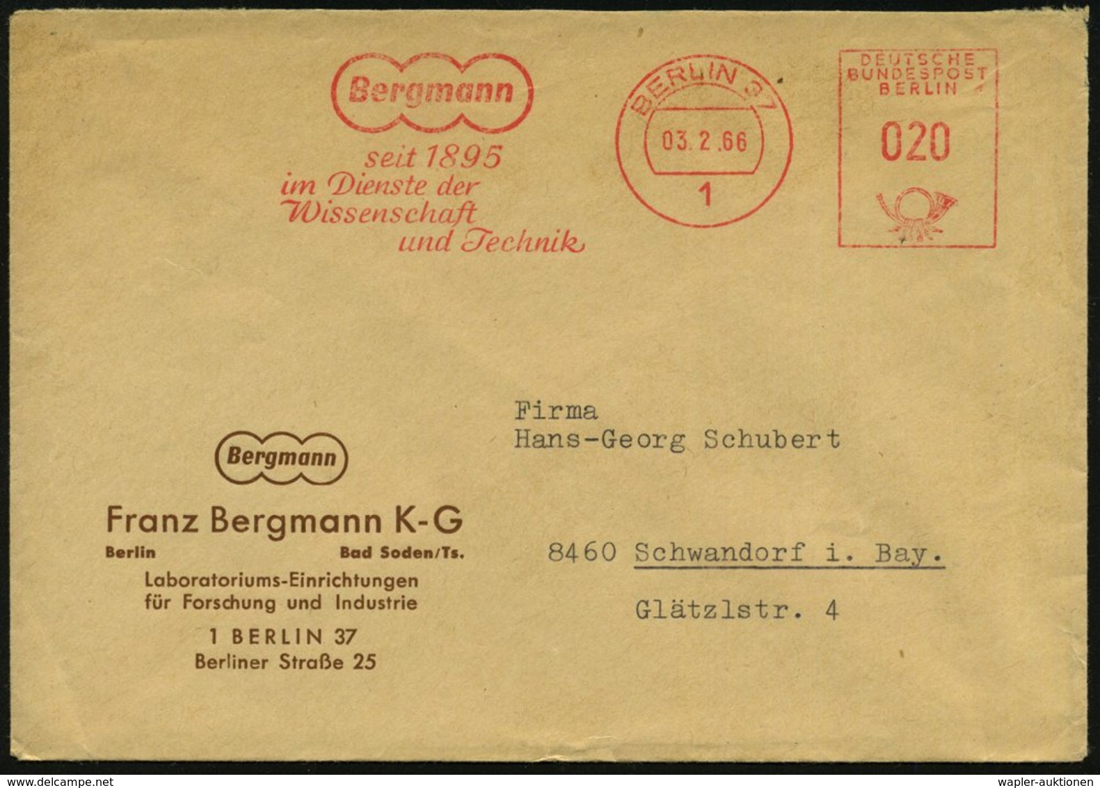 1966 (3.2.) 1 BERLIN 37, Absender-Freistempel: Bergmann Seit 1895, Im Dienste Der Wissenschaft U. Technik, Firmenbrief:  - Other & Unclassified