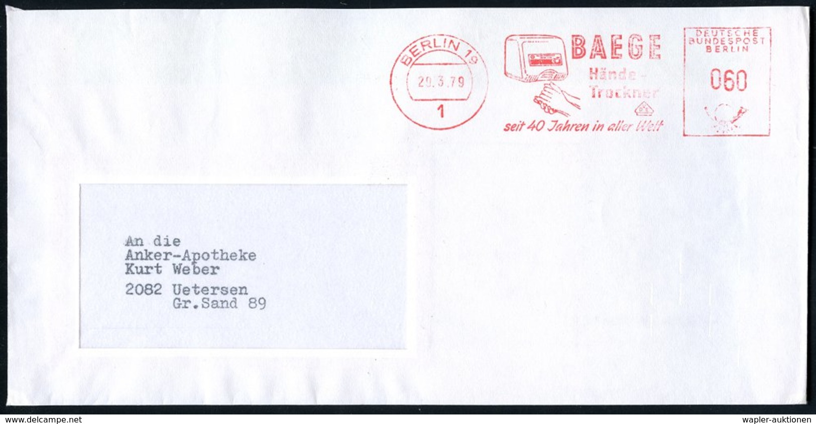 1979 (29.3.) 1 BERLIN 19, Absender-Freistempel: BAEGE Hande-Trockner, Seit 40 Jahren.. (elektrischer, Hygienischer Hände - Other & Unclassified