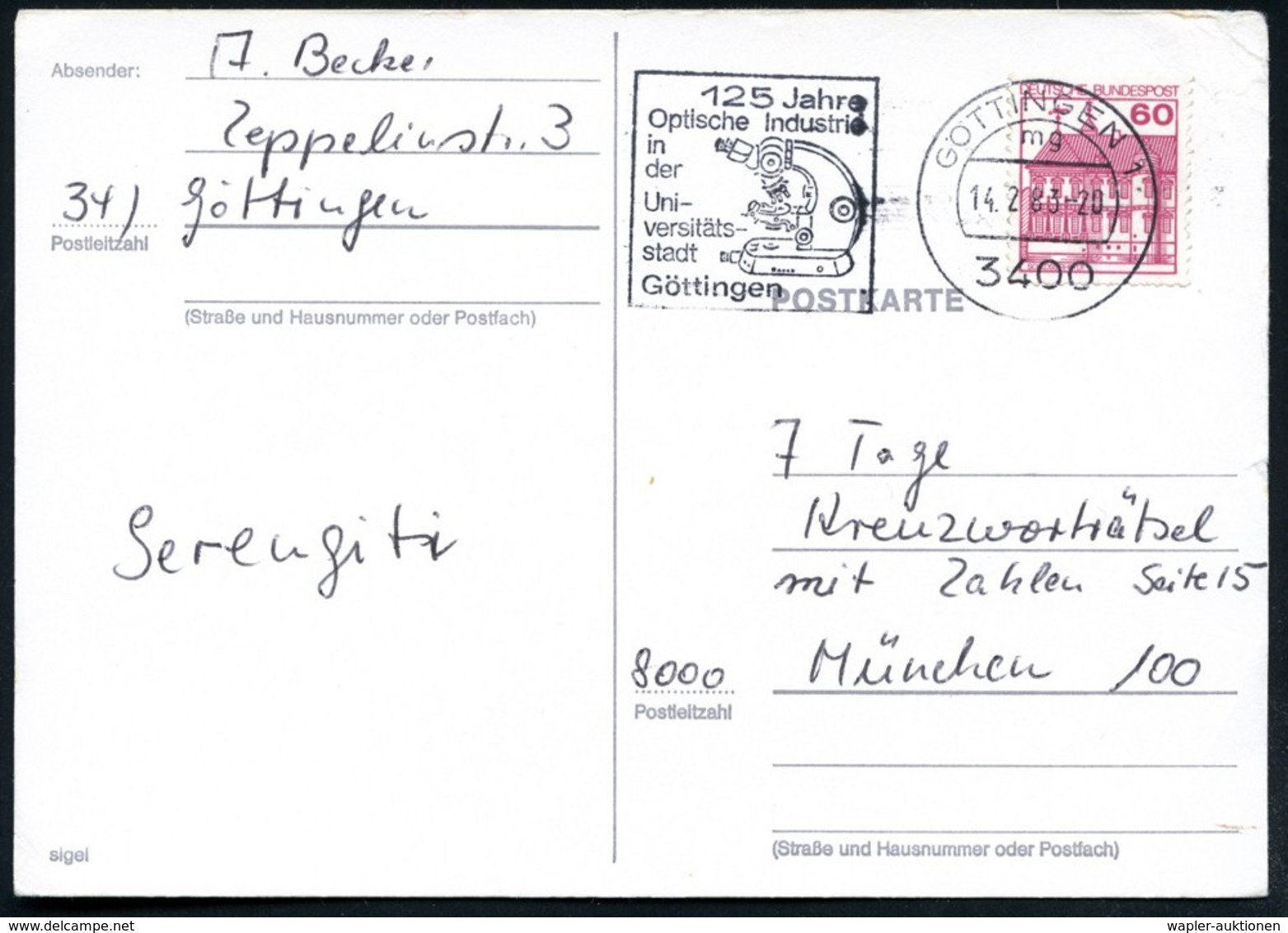 1983 (14.2.) 3400 GÖTTINGEN !; Maschinen-Werbestempel: 125 Jahre Optische Industrie.. (Mikroskop) Bedarfskarte (Bo.110 A - Other & Unclassified