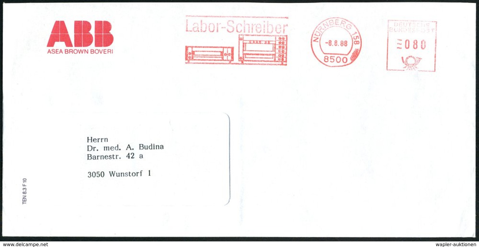 1988 (8.8.) 8500 NÜRNBERG 158, Absender-Freistempel: Labor-Schreiber (2 Labor-Schreiber) Firmenbrief: ABB ASEA BROWN BOV - Other & Unclassified