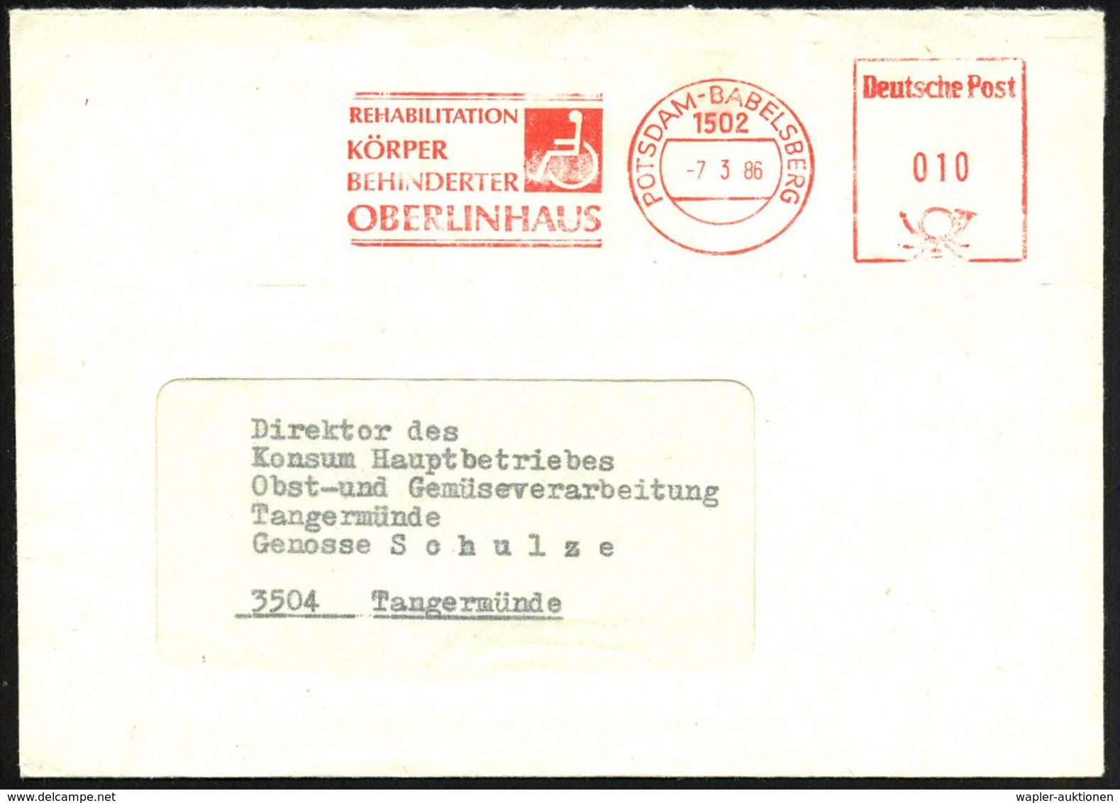 1986 (7.3.) 1502 POTSDAM-BABELSBERG, Absender-Absender-Freistempel: REHABILITATION KÖRPER BEHINDERTER OBERLINHAUS = Logo - Other & Unclassified