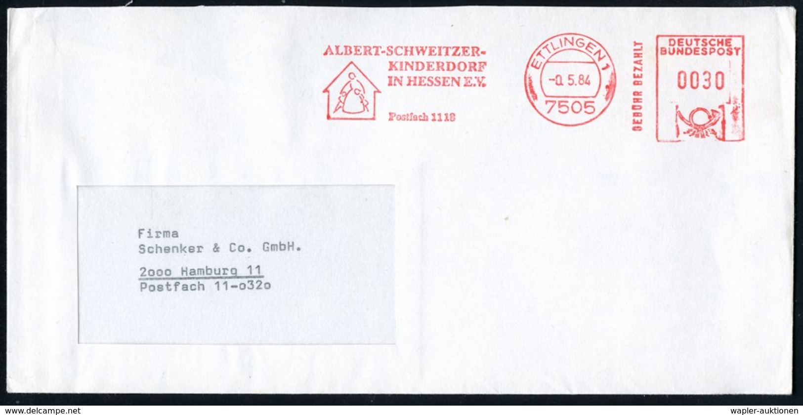 1984 (Mai) 7505 ETTLINGEN 1, Absender-Freistempel: ALBERT-SCHWEITZER-KINDERDORF IN HESSEN EV.. (Logo) Dr. Alb. Schweitze - Other & Unclassified