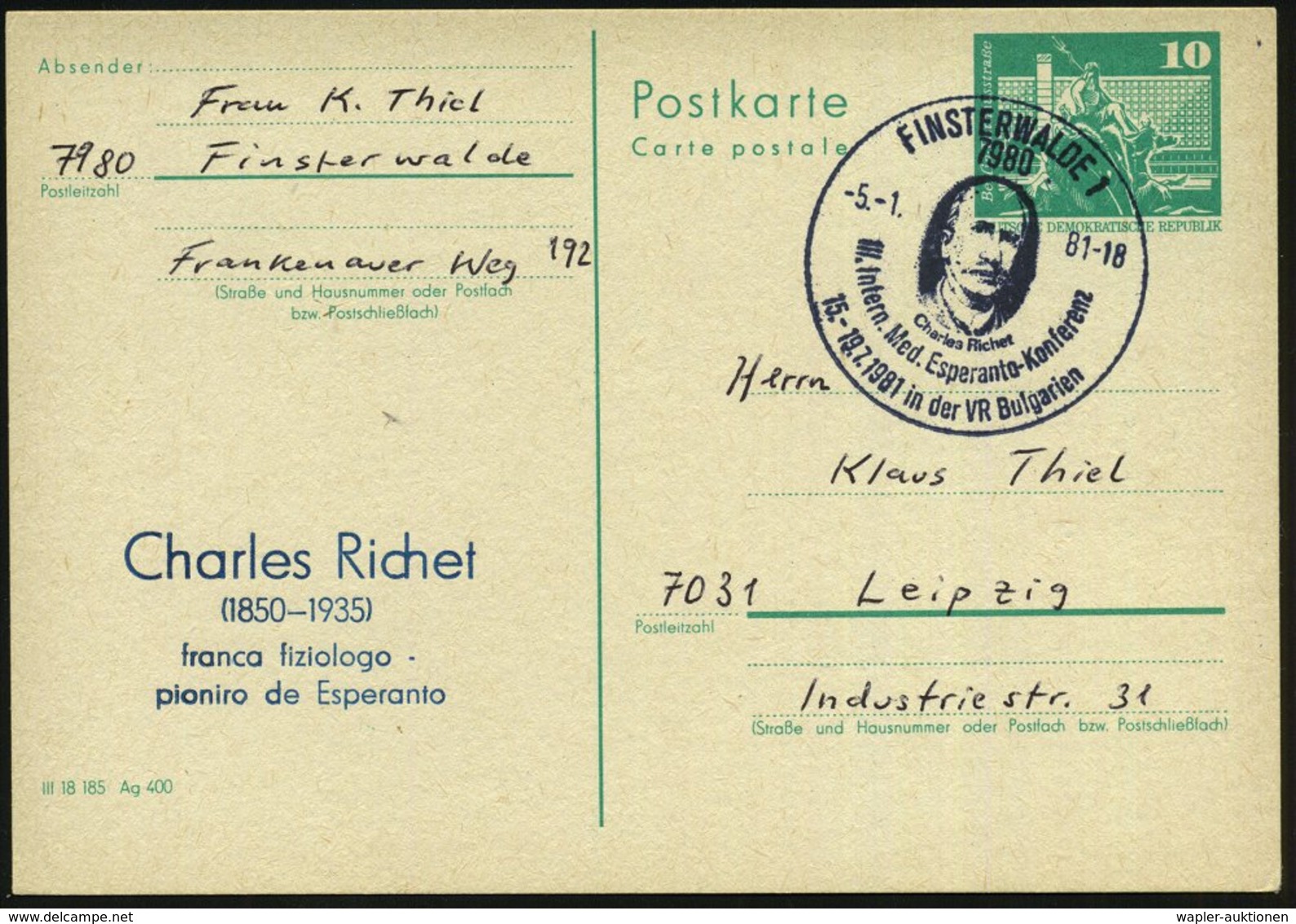 1981 (5.1.) 7980 FINSTERWALDE 1, Amtl. Ganzsache 10 Pf. Neptunbrunnen + Zudruck: Charles Richet (1850 - 1935) Franca Fiz - Other & Unclassified