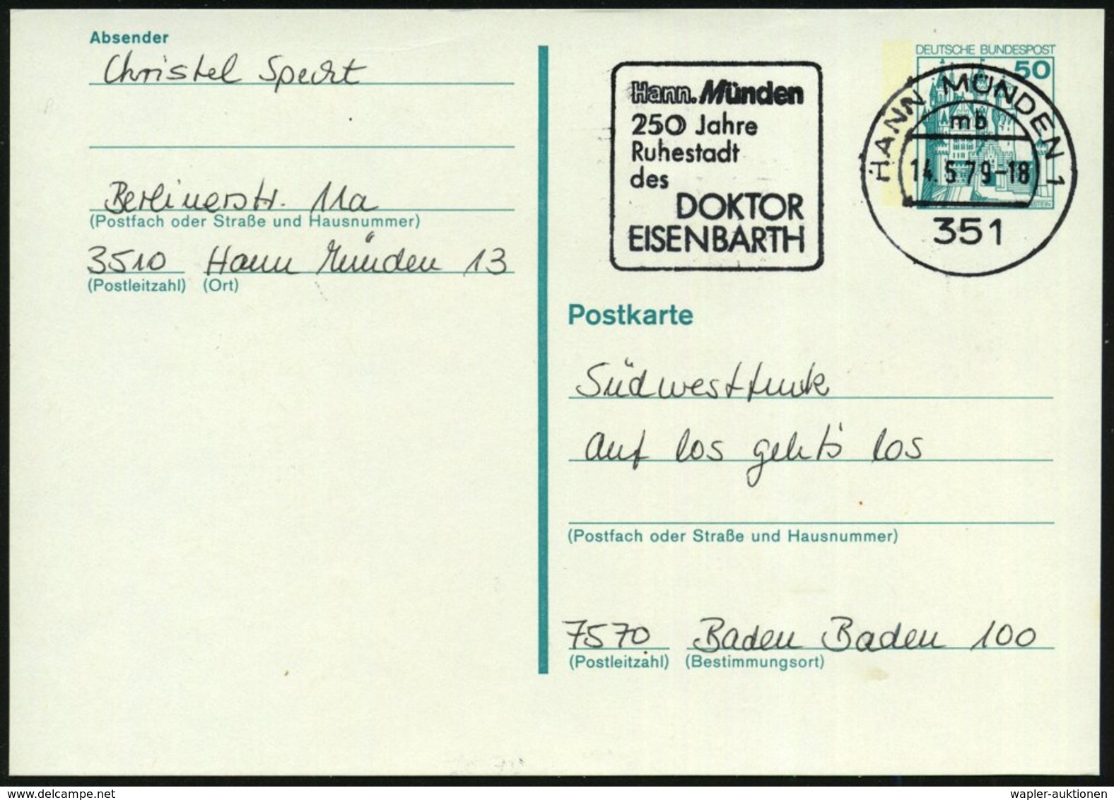 1979 351 HANN. MÜNDEN 1, Maschinen-Werbestempel: 250. Jahre Ruhestadt Des DOKTOR EISENBARTH, Bedarfskarte Vergl. Lose 45 - Sonstige & Ohne Zuordnung