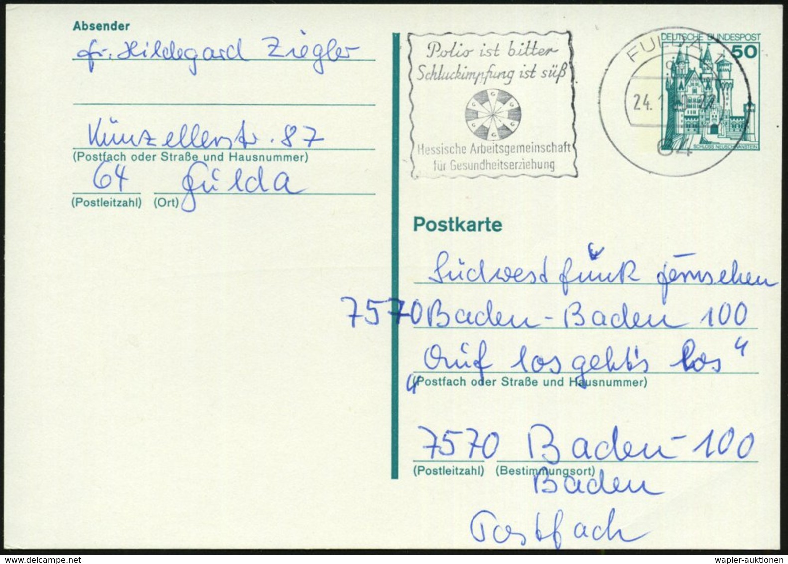 1980 (24.1.) 64 FULDA 1, Maschinen-Werbestempel: Polio Ist Bitter, Schluckimpfung Ist Süß.., Bedarfskarte (Bo.S 1259 A , - Other & Unclassified