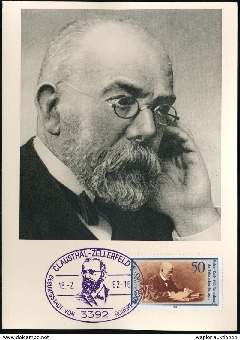 1982 (18.2.) 3392 CLAUSTHAL-ZELLERFELD 1, Violetter Sonderstempel: GEBURTSSTADT VON ROBERT KOCH (Brustbild Koch, Nobelpr - Sonstige & Ohne Zuordnung