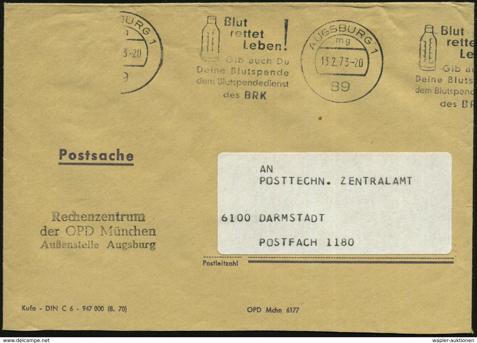 1973 (13.2.) 89 AUGSBURG 1, Band-Maschinen-Werbestempel: Blut Rettet Leben!, Gib Auch Du Deine Blutspende.. (Blutkonserv - Other & Unclassified