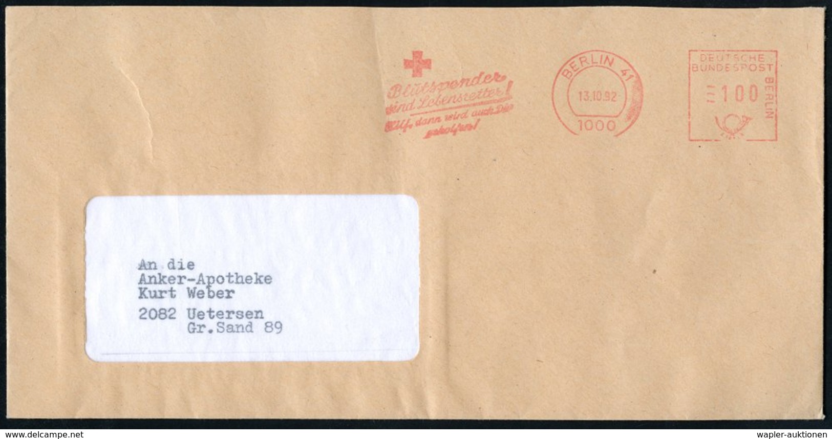 1992 (13.10.) 1000 BERLIN 41, Absender-Freistempel: Blutspender Sind Lebensretter!, Hild, Dann Wird Auch Dir Geholfen!,  - Other & Unclassified