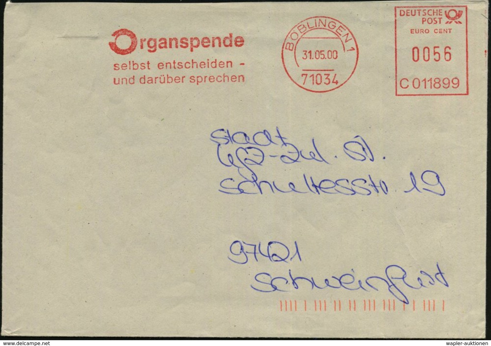 2000 (31.5.) 71034 BÖBLINGEN 1, Absender-Freistempel: Organspende, Selbst Entscheiden U. Darüber Sprechen, Fernbrief - H - Other & Unclassified