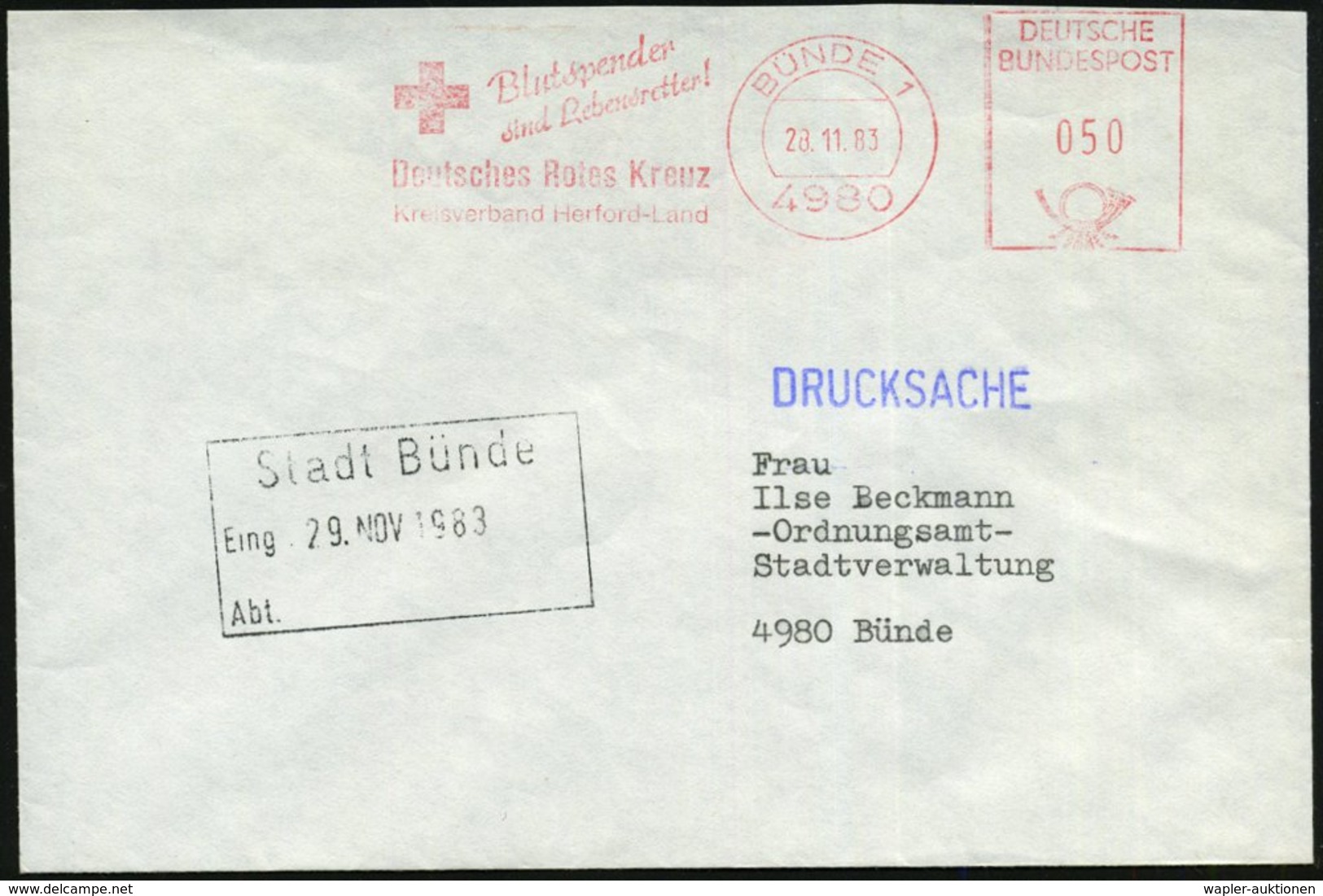 1983 (28.11.) 4980 BÜNDE 1, Absender-Freistempel: Blutspender Sind Lebensretter!, Deutsches Rotes Kreuz.. (Kreuz) Rs. Fe - Other & Unclassified