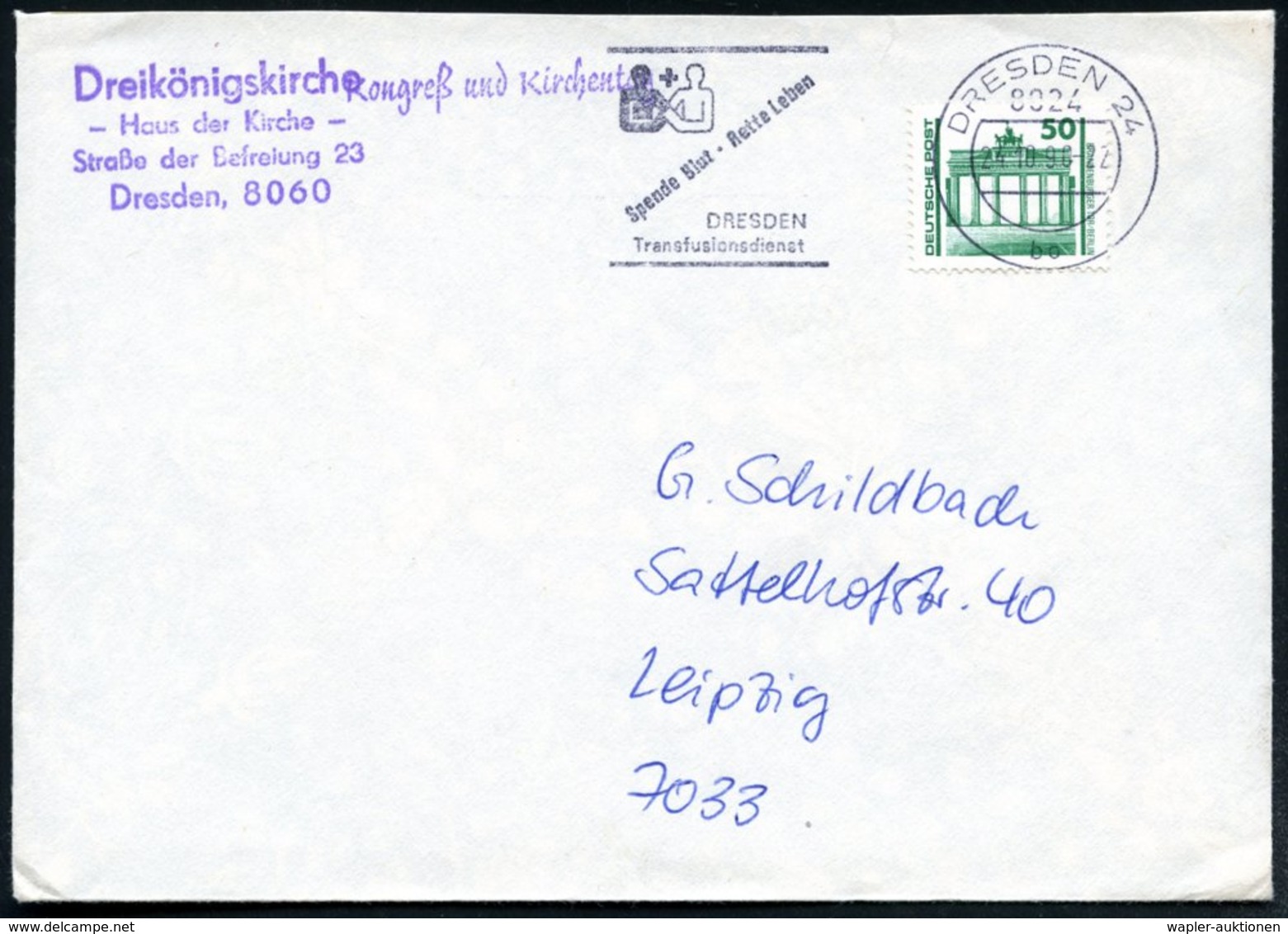 1990 (24.10.) 8024 DRESDEN 24, Maschinen-Werbestempel: Spende Blut - Rette Leben.. Transfusionsdienst (Blutspender-Symbo - Other & Unclassified