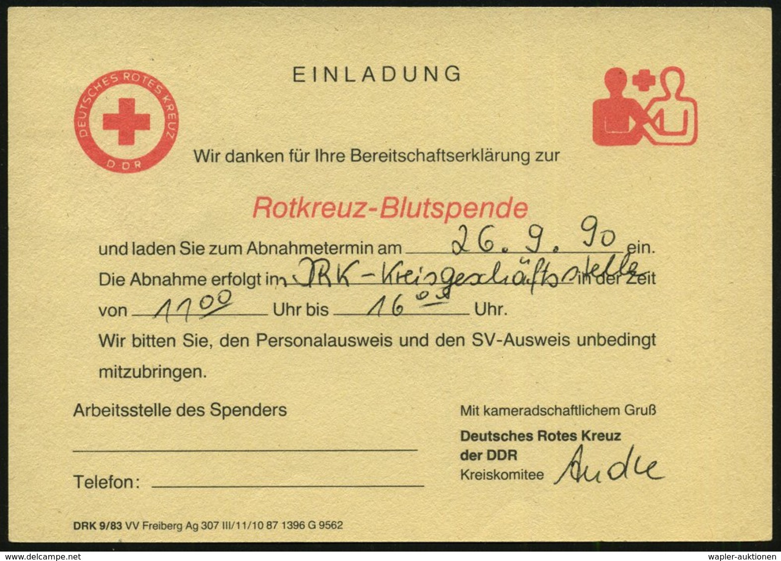 1990 (8.9.) 5400 SONDERSHAUSEN 1, 1K-Steg Auf Dienstkarte: Deutsches Rotes Kreuz Der DDR, Rs. Rotkreuz-Blutspende, Ortsk - Other & Unclassified