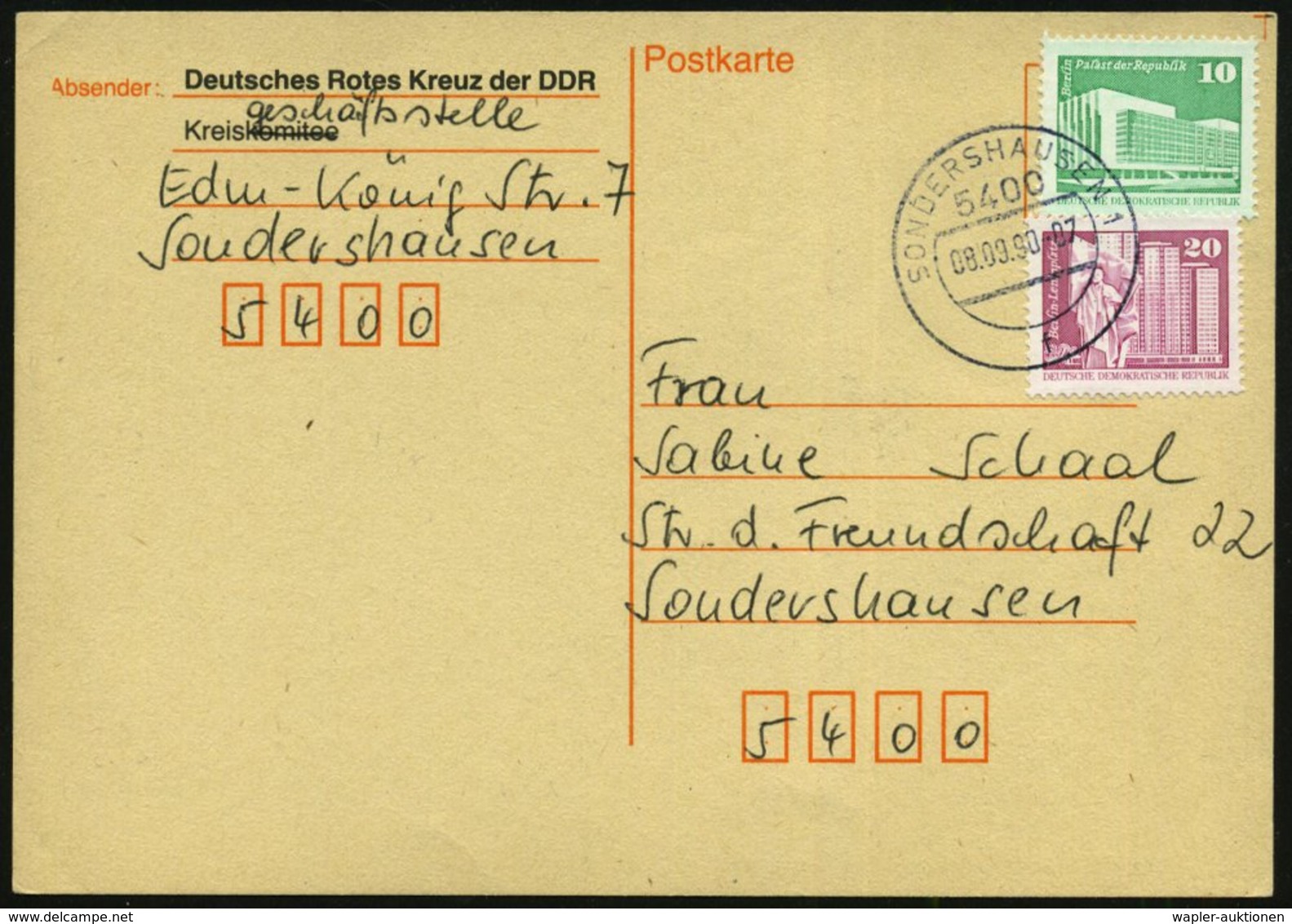 1990 (8.9.) 5400 SONDERSHAUSEN 1, 1K-Steg Auf Dienstkarte: Deutsches Rotes Kreuz Der DDR, Rs. Rotkreuz-Blutspende, Ortsk - Other & Unclassified