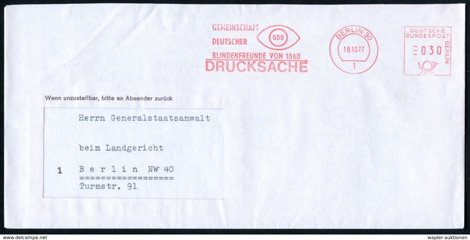 1977 (18.10.) 1 BERLIN 30, Absender-Freistempel: GEMEINSCHAFT DEUTSCHER BLINDENFREUNDE VON 1860 (Auge) Ortsbrief - Blind - Other & Unclassified