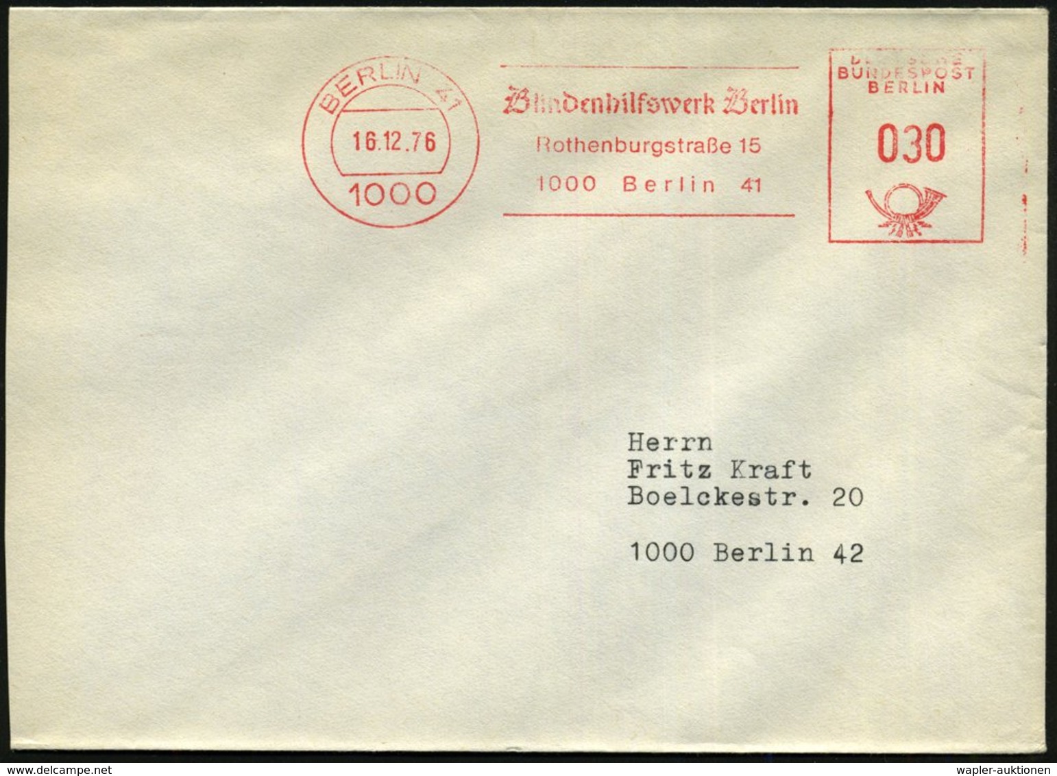 1976 (16.12.) 1000 BERLIN 41, Absender-Freistempel: Blindenhilfswerk Berlin.., Ortsbrief - Blindheit, Auge & Ohr / Blind - Other & Unclassified
