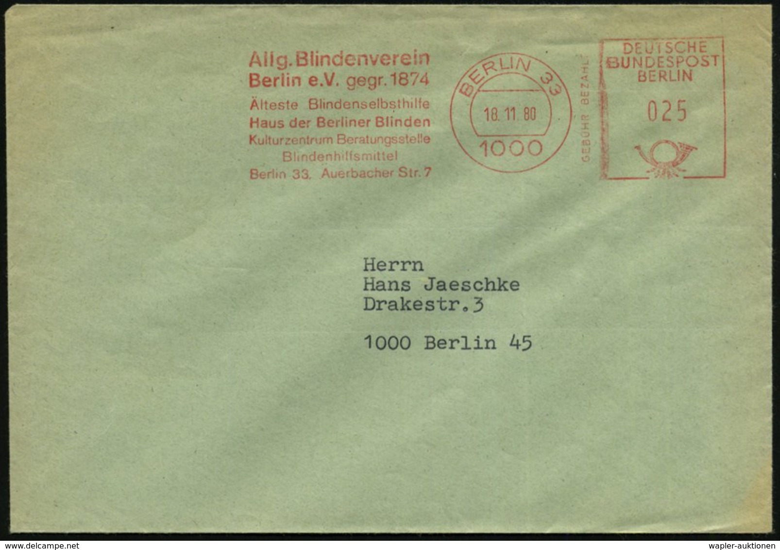 1980 (10.11.) 1000 BERLIN 33, Absender-Freistempel: Allg. Blindenverein Berlin E.V. Gegr. 1874, Älteste Blindenselbsthil - Other & Unclassified