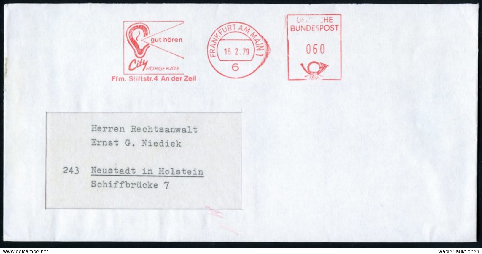 1979 (16.2.) 6 FRANKFURT AM MAIN 1, Absender-Freistempel: Gut Hören, City HÖRGERÄTE.. (Ohr) Fernbrief - Blindheit, Auge  - Other & Unclassified