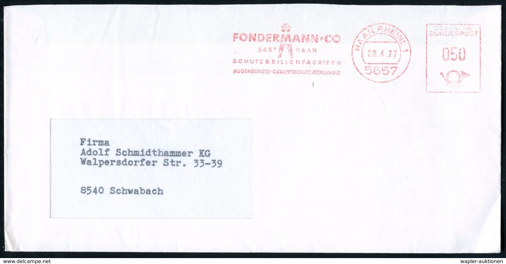 1977 (20.4.) 5657 HAAN, RHEINL 1, Absender-Freistempel: FONDERMANN + CO, SCHUTZBRILLENFABRIK, AUGENSCHUTZ - GESICHTSSCHU - Other & Unclassified