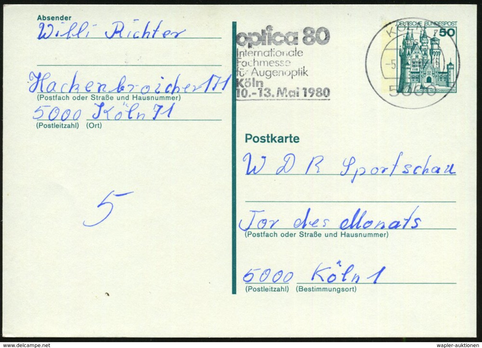 1980 (5.5.) 5000 KÖLN 1, Maschinen-Werbestempel: Optica 80, Internat. Fachmesse Für Augenoptik.., Bedarfskarte (Bo.398 A - Other & Unclassified