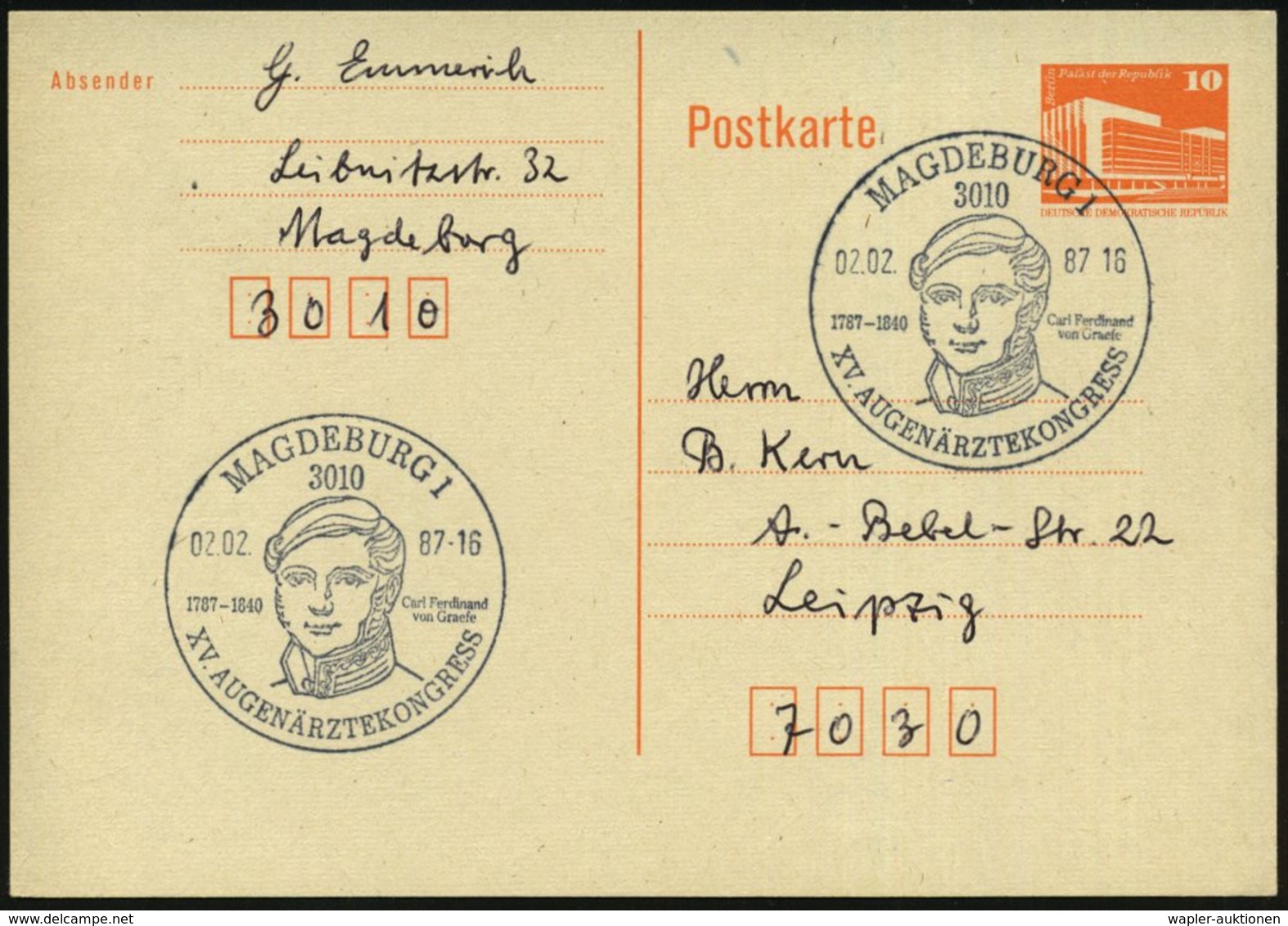 1987 (2.2.) 3010 MAGDEBURG 1, XV. AUGENÄRZTEKONGRESS, Carl Ferdinand Von Graefe.. (Kopfbild) Inl.-Karte - Blindheit, Aug - Other & Unclassified