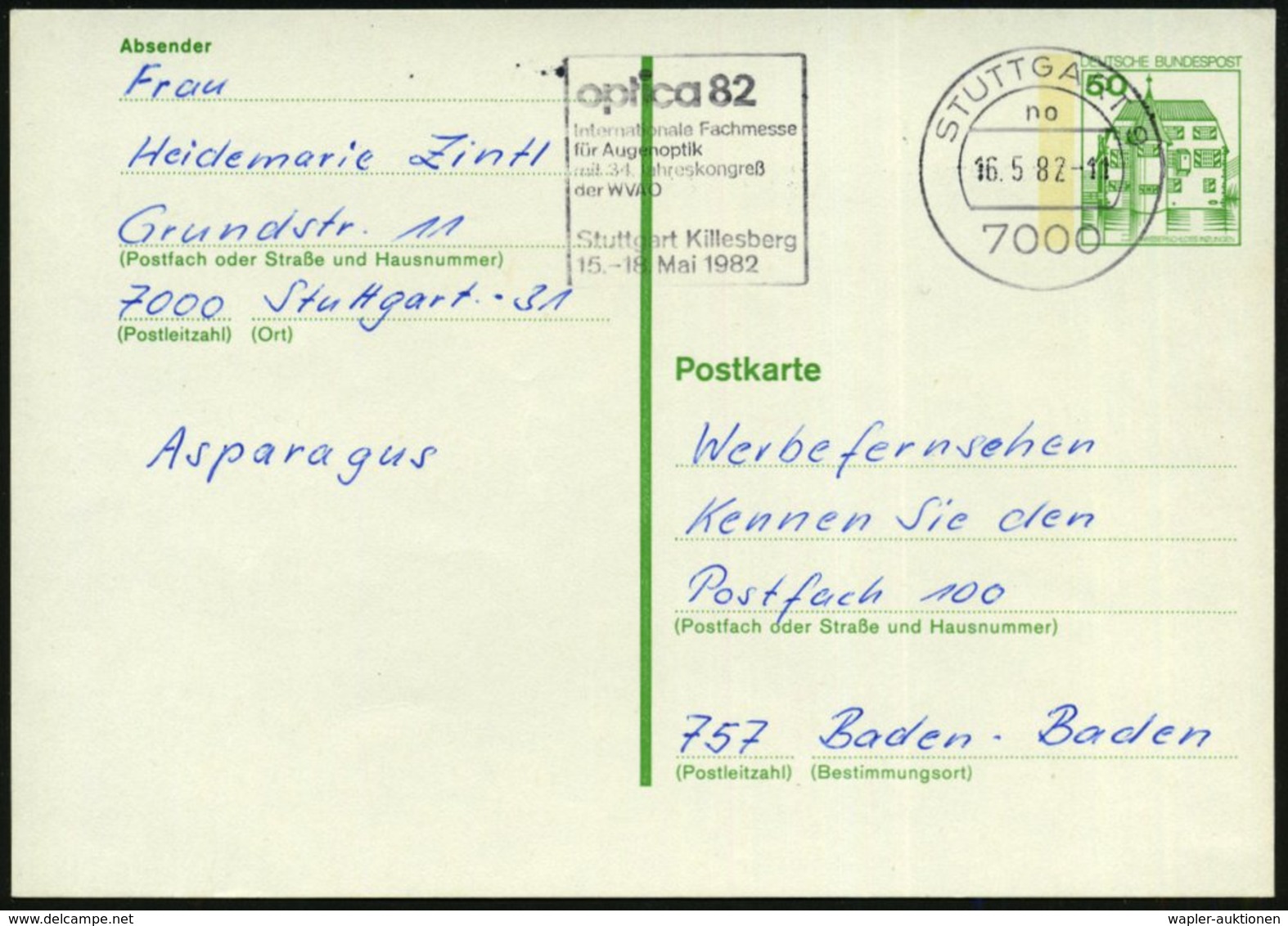 1982 (16.5.) 7000 STUTTGART 9, Maschinen-Werbestempel: Optica 82, Internat. Fachmesse Für Augenoptik.. , Bedarfskarte (B - Other & Unclassified