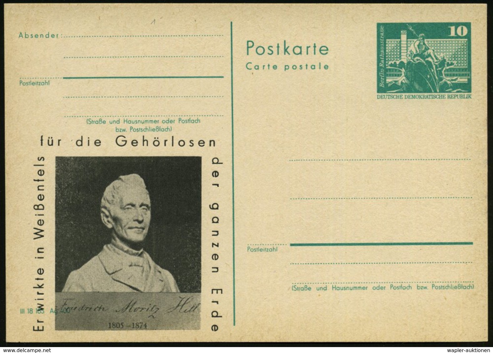 1974 Weissenfels, 10 Pf. Amtl. Ganzsache Neptunbrunnen + Zudruck: Er Wirkte In Weißenfels Für Die Gehörlosen.. Friedrich - Other & Unclassified