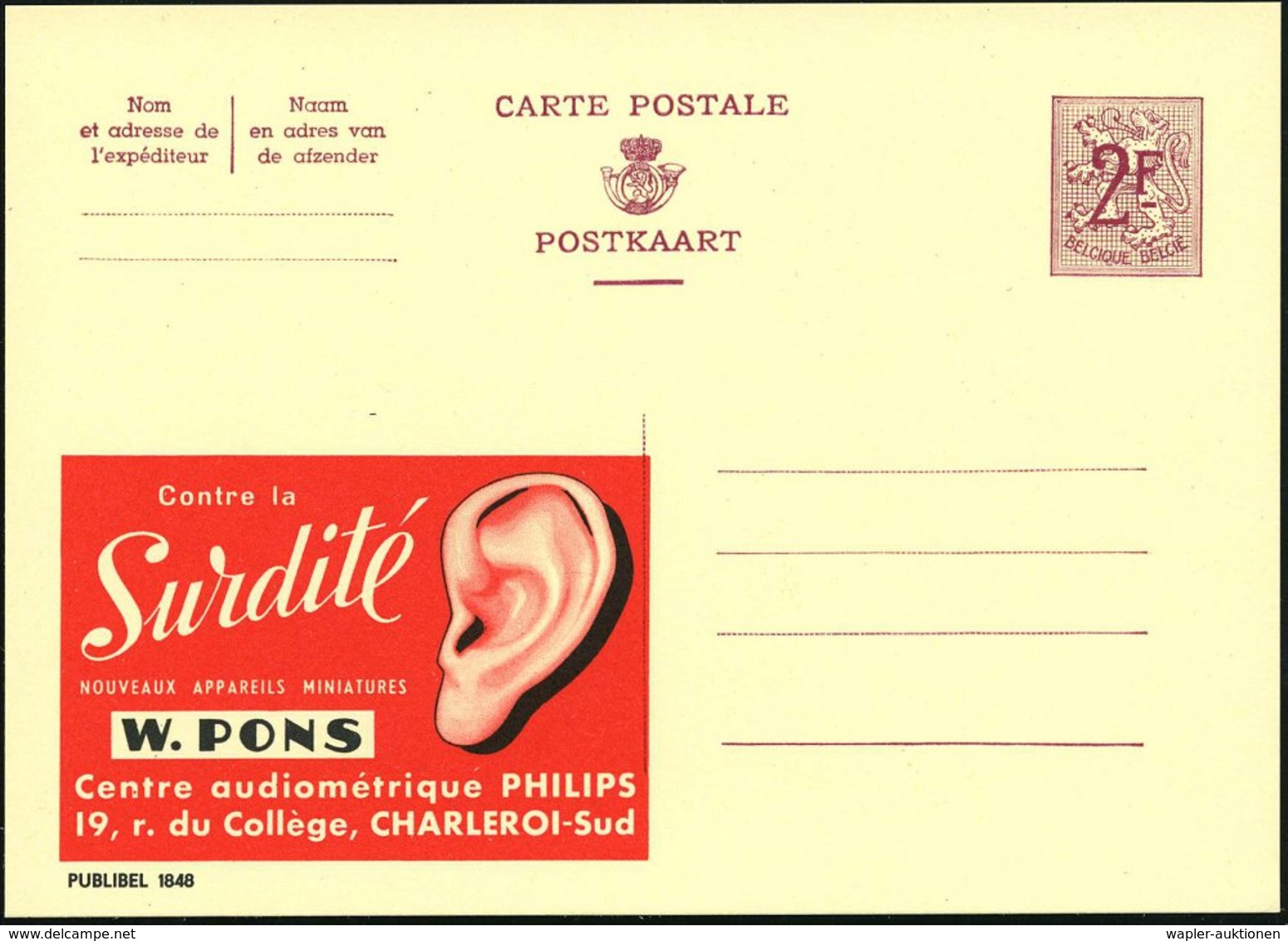 1959 BELGIEN, 2 F. Publibel-Ganzsache: Contre La Sudité.. W. PONS, Centre Audiométrique PHILIPS.. (Ohr) Ungebr. (Mi.P 31 - Other & Unclassified