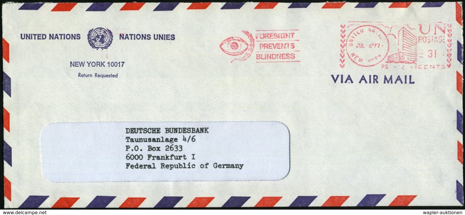 1977 UNO NEW YORK, Absender-Freistempel: UNITED NATIONS, NEW YORK, FORESIGHT PREVENTS BLINDNESS (Auge)  UN-Übersee-Flugp - Other & Unclassified