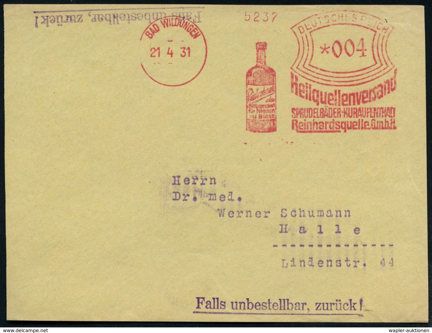1931 (21.4.) BAD WILDUNGEN, Absender-Freistempel: Heilquellenversand.. Reinhardsquelle GmbH (Flasche Heilwasser) Bedarfs - Altri & Non Classificati