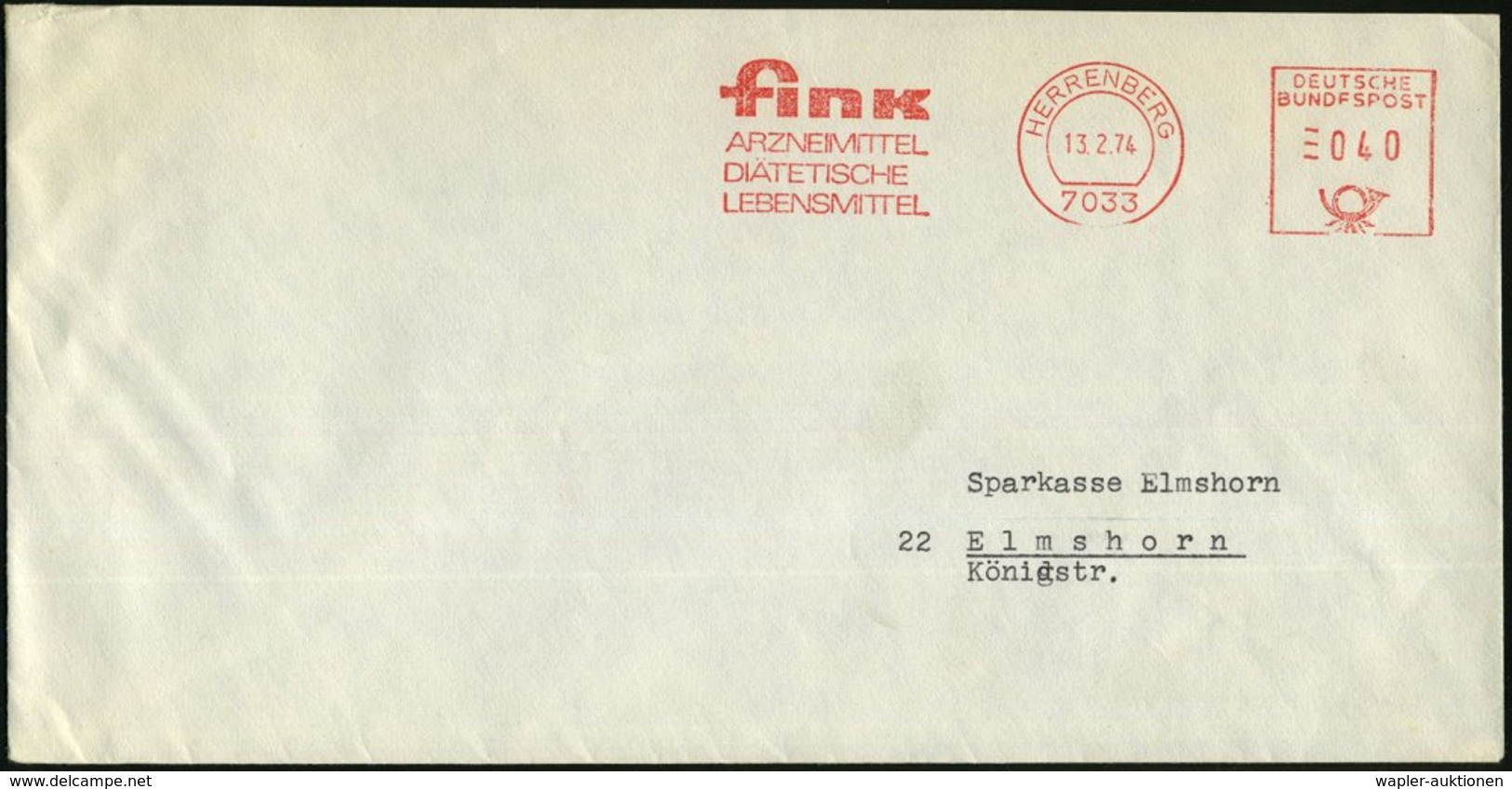 1974 (13.2.) 7033 HERRENBERG, Absender-Freistempel: Fink, ARZNEIMITTEL, DIÄTISCHE LEBENSMITTEL, Fernbrief - Naturheilmit - Other & Unclassified