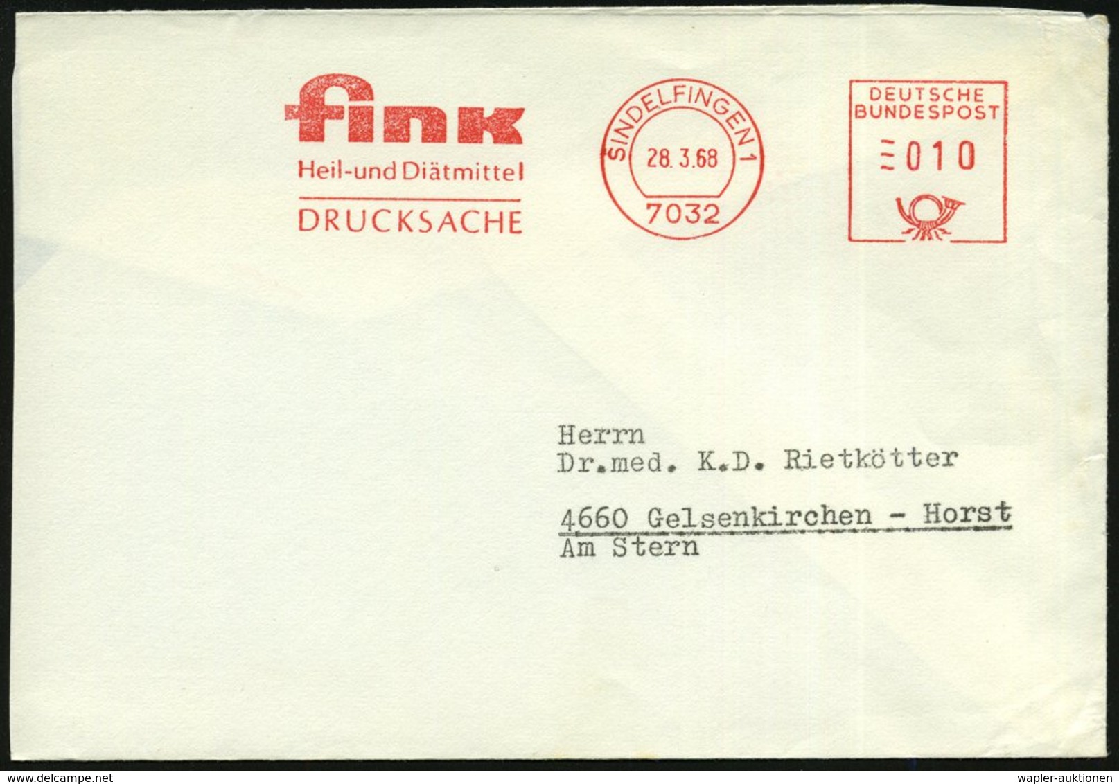 1968 (28.3.) 7032 SINDELFINGEN 1, Absender-Freistempel: Fink, Heil- U. Diätmittel, Teil-Brief - Naturheilmittel & Homöop - Other & Unclassified