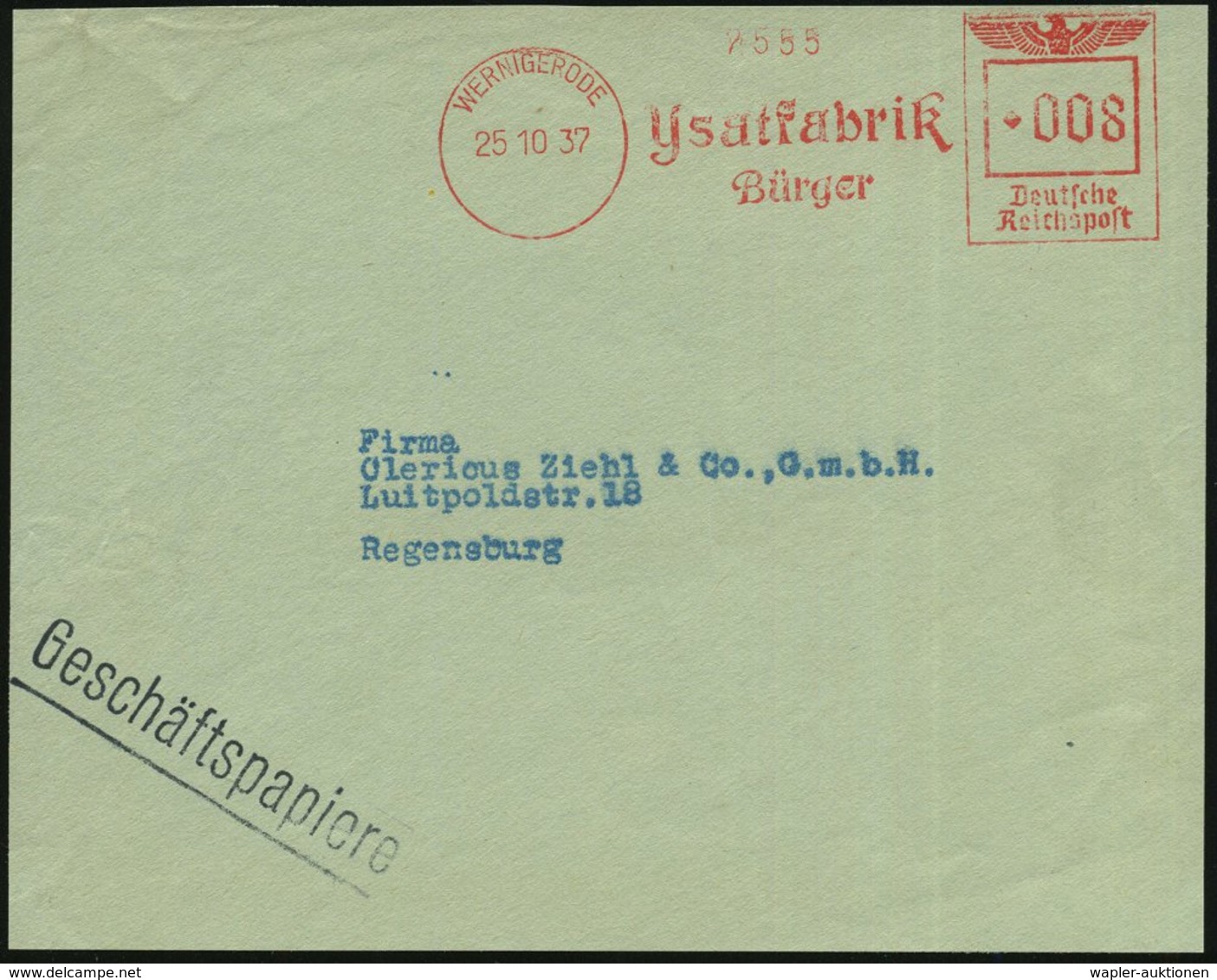 1937 (25.10.) WERNIGERODE, Absender-Freistempel: Ysatfabrik, Bürger (= Hersteller Von Naturheilmitteln U. -Medikamenten) - Other & Unclassified