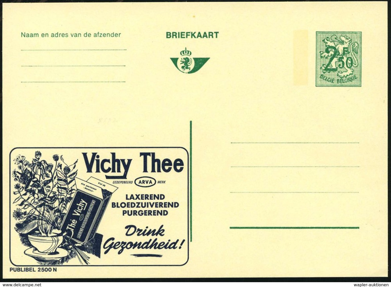 1970 BELGIEN, 2,50 F. Publibel-Ganzsache: Vichy Thee, LAXEREND, BLOEDZUIVEREND, PURGEREND.. (Heilpflanzen, Tasse, Packun - Other & Unclassified