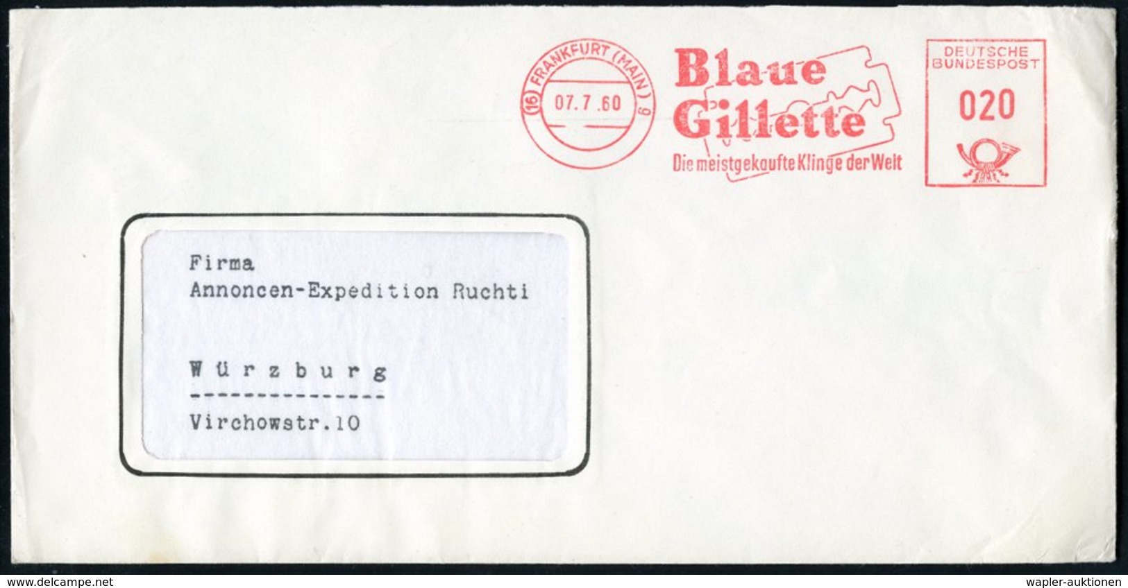 1960 (7.7.) (16) FRANKFURT (MAIN) 9, Absender-Freistempel: Blaue Gilette.. (Rasierklinge) Rs. Korrigierter Abs.-Vordruck - Otros & Sin Clasificación