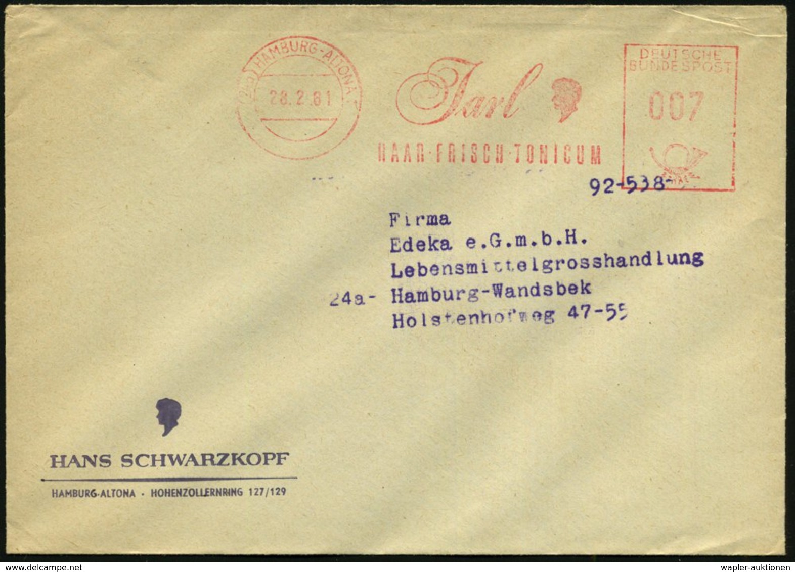 1961 (28.2.) (24 A) HAMBURG-ALTONA, Absender-Freistempel: Jarl, HAAR FRISCH-TONICUM (Firmen-Logo) Motivgleicher Firmenbr - Other & Unclassified